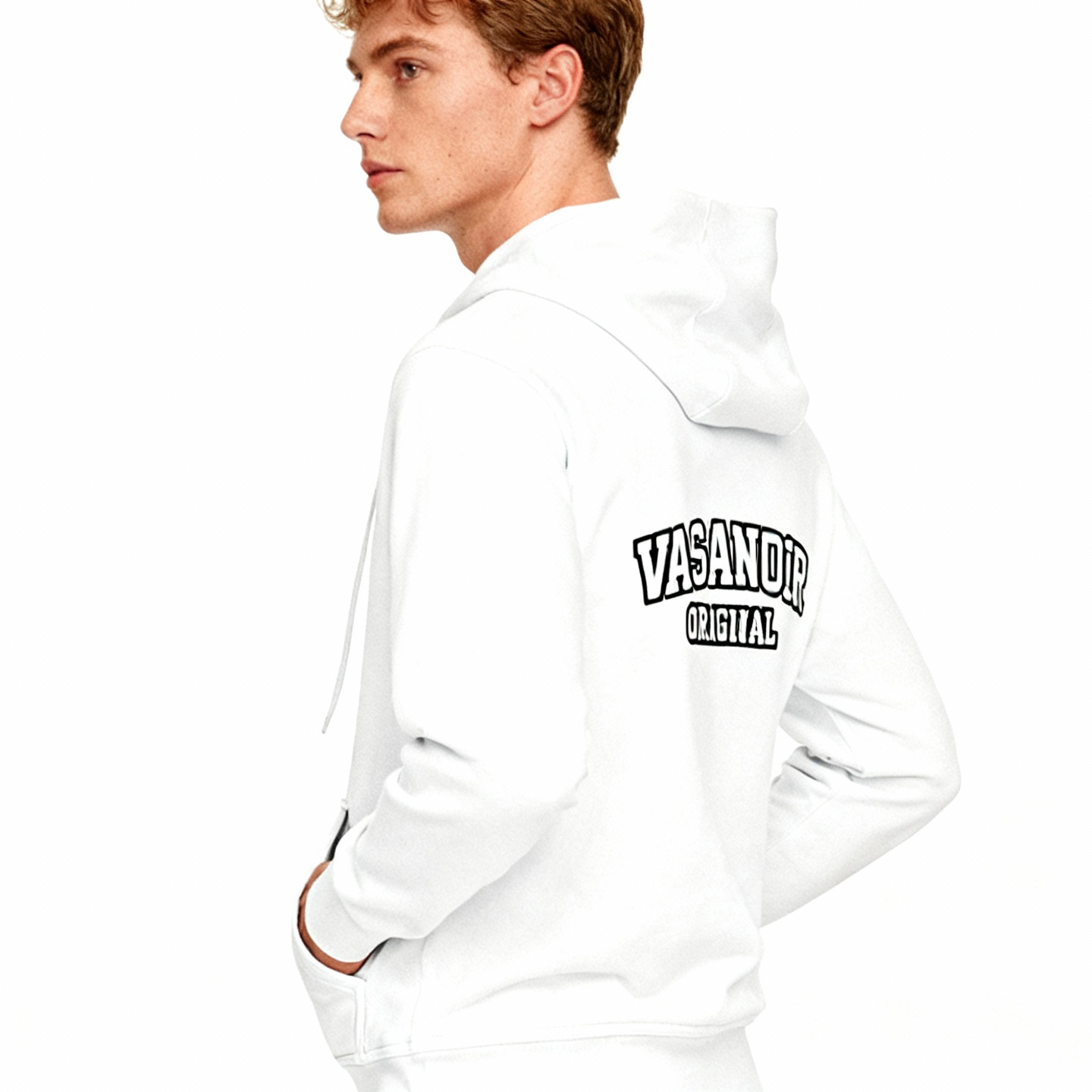 Person wearing a white hoodie with a brand logo on a white background